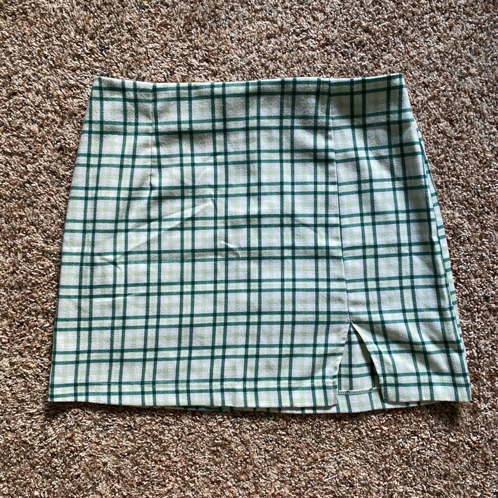 Green plaid skirt with slit in front